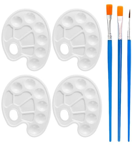 4 Stück, Mischpalette mit 3 Stück Pinsel, Mischpalette aus Kunststoff mit Griffloch und 10 Mischmulden, Malen und Bastelarbeiten(weiß+blau)