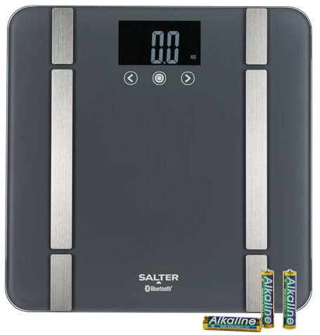 Salter SA00432GFEU6 Bathroom Smart Scale – Bluetooth Digital Scale, 200kg, Measure Weight, Body Fat/Water, Muscle/Bone Mass, BMI/BMR, 8 User Memory, Connect to Phone with Free Salter Health App, Grey