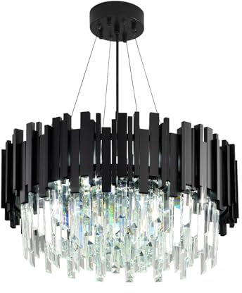 AHXIAOZN Luxury E14 Crystal Chandelier,2 in 1 Chandeliers Ceiling Light,Gold Ceiling Lights Living Room,Round Lampshades 3 Tiers K9 Crystals Pendant Light (55 * 55 Cm Black)