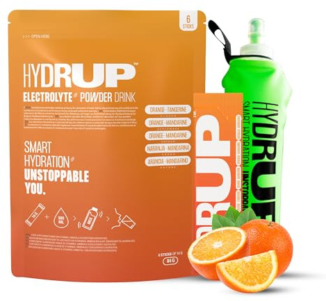 Electrolitos sin Azúcar 1733 mg con Botella Plegable de Silicona 500 ml – Energía Instantánea con Sodio, Potasio y Vitaminas B y C – Sabor Naranja – 6 Sobres – Sin Gluten ni Lactosa – HYDRUP