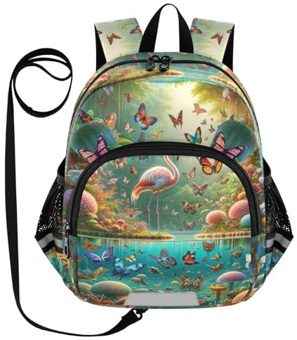 CHIFIGNO Kleinkind-Rucksack mit Leine, Mini-Reiserucksack, Vorschule, Kindergarten-Rucksack, Tropische Schmetterlinge, Flamingo, Untersee, Small, Niedlich