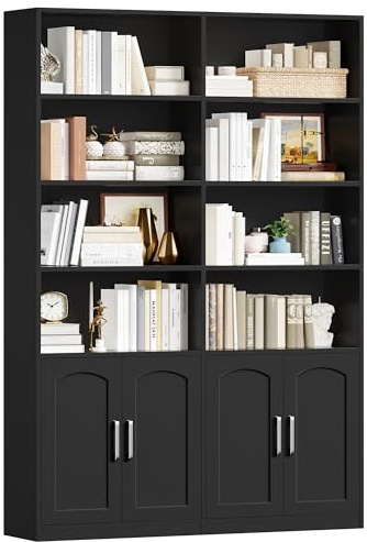 FirFurd 185,5 cm Bücherregal Bücherschrank mit Türen Regal 12 Fächern Vitrinenschrank Standregal Hochschrank für Wohnzimmer Büro Küche 115 x 27 x 185,5 cm schwarz