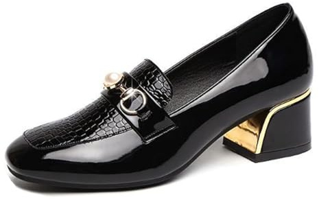 da Donna Stampato Tacchi Grossi Confortevole Punta Rotonda Perla Metallo Fibbia Decorazione Slip Tacco Abito Scarpe Ufficio Partito a piedi Formale (Nero,36)
