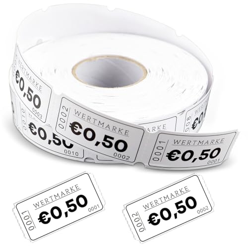 WJMY Rouleaux de jetons, 1000 feuilles, jetons pour repas & boissons, numérotation continue, facile à déchirer, pour fêtes, parcs d'attractions, pubs, mariages (0,5 euro)