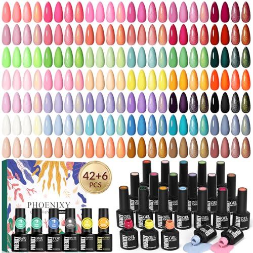 Phoenixy Vernis Semi Permanent, 48PCS Vernis Gel UV Semi Permanent avec 2 Base Coat 4 Top Coat, 42 Couleurs Kit de Vernis à Ongles pour Débutants, Manucure Maison Cadeaux pour Femmes