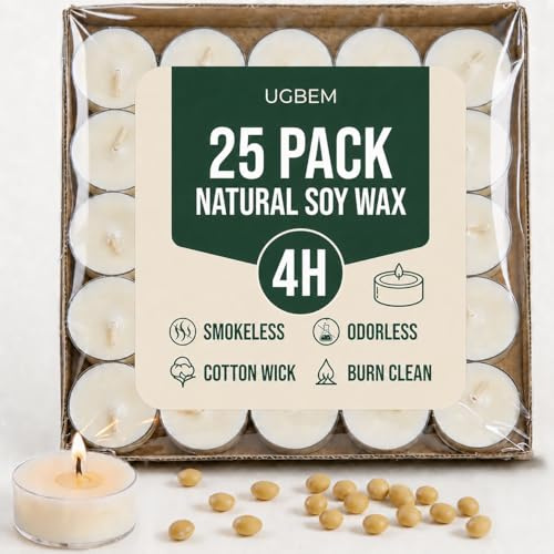 25 Pack Soy Wax Tealights, Unscented Tealight Candles in Clear Cup 4 Hours Burning Time Paraffin-Free for Weddings, Events, Home Decor, Emergency Use