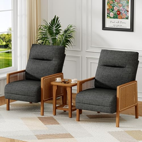 POINTANT Mid Century Accent Chair Set of 2, Wooden Leisure Armchair with Rattan Armrest, Boho Comfy Reading Chair, for Living Room Bedroom Lounge Side Club Chair，Grey