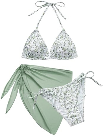 Vijamiy Maillot De Bain Femme 3 Pieces Push Up Rembourré Sexy Halter Triangle Bikini Maillots Trois PièCe Ajustable Swimsuit Sexy Col V Chic Et Elegant avec Jupe(Vert et Blanc,M)