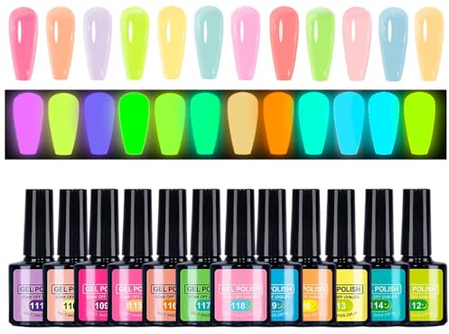 12 Pieces Holographic Nail Polish - 7.3ml Glow in the Dark Gel Polish - Fluorescent Nail ?ish Set | UV Reactive Manicure Supplies Portable for Salon Travel Stage Performance Photo Sessions