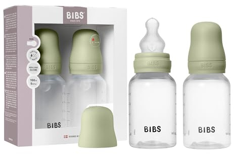 BIBS Nappflaska, 150ml, 2-pack, Sugdel i Silikon, Sage | Kolikmotverkande | Långsamt flöde | BPA-fri plast | Stödjer amning | Tillverkad i Danmark
