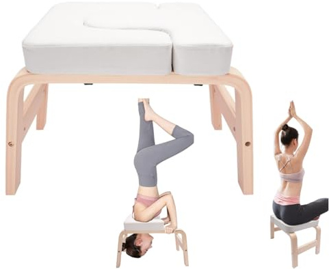 Yoga Headstand Bench, Yoga Inversion Bench with Sponge Cushion + PU Leather + Solid Wood Inversion Stool, Foldable Headstand Stool 440lbs Heavy Duty for Back/Neck Pain Relief, Home Gym Yoga Prop