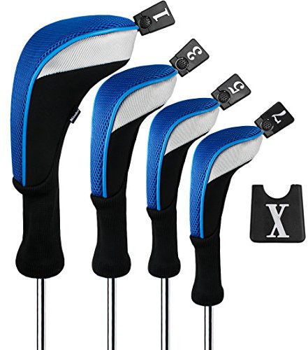 Andux 4pcs/Set Golf Wood Club Head Covers 460cc Driver with Long Neck Blue