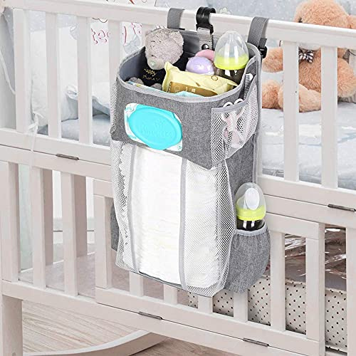 Organisateur de Couches à Suspendre pour Lit de Bébé - Sac de Chevet Multifonction pour Voiture, Table à Langer (Gris)