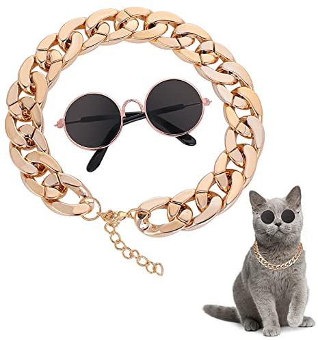 Molain Cat Sunglasses - Cat UV Protection Classic Retro Small Dog Sun Glasses Dolls Round Sunglasses Party Cosplay Costume Photo Props Cute Funny Sunglasses (1Pc Round Glasses+1Pc Gold Chain)