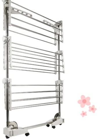 HUOLE Wäscheständer | Wäschetrockner Turm mit Extra Viel Platz auf 3 Ebenen | Mobil, Flexibel, Ausziehbar | Wäscheturm aus Pulverbeschichtetem Stahl & Kunststoff (JE79862)