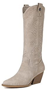 QUEEN HELENA Camperos Stivali Texani Traforati con Tacco Western Cowboy a Punta Stivaletti con Zip Laterale Donna X28-100 Beige 37