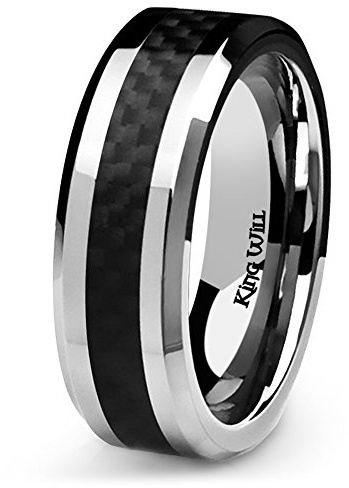 King Will GENTLEMAN Men's Black Silver Carbon Fiber Inlay Wedding Band, Comfort Fit Tungsten Ring, 6mm 7mm 8mm Titanium Wedding Ring