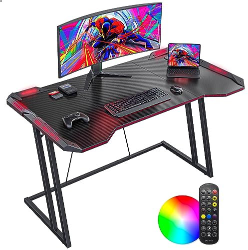CubiCubi Gaming Desk with LED, 120 cm Gamer Workstation, Home Computer with Carbon Fiber Surface, Black