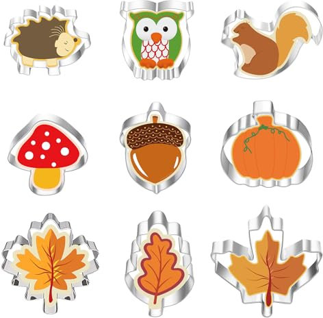 Norhogo Set di 9 Stampo Tagliabiscotti per Biscotti Autunnali, per il Giorno del Ringraziamento, in Acciaio Inox, con Foglia d'Acero, Scoiattolo, Zucca, Fondente