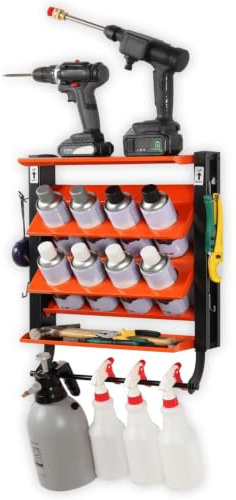 Wallmaster Soporte para latas de aerosol, estante de almacenamiento de pared para latas de lubricante, organizador de botellas de pintura resistente para garaje y hogar, 8 agujeros para latas y 2