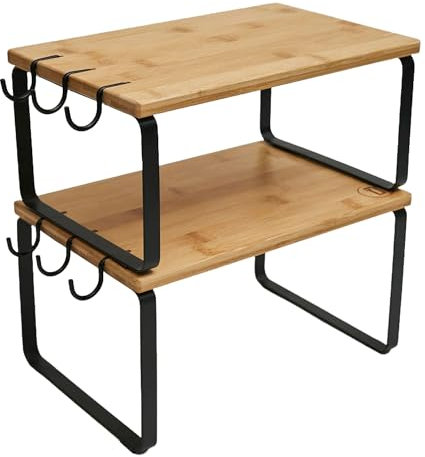 Devitomia Estante Organizador de Bambú y Acero Doble Nivel con Ganchos Ajustables | Sostenible, Estable y Versátil para Cocina, Baño u Oficina