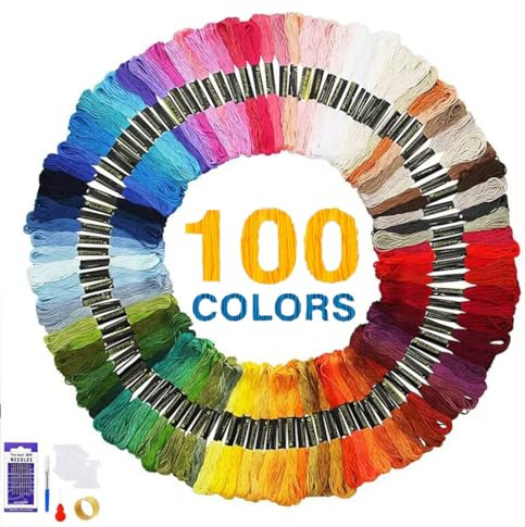 Embroidery Threads, 122 Pcs Cross Stitch Threads with 100 Rainbow Colored Embroidery Threads, Friendship Bracelets, Crafts Sewing Thread with Embroidery Needles, Floss Bobbins, Threader