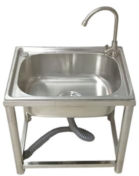 Free Standing Stainless Steel Kitchen Sink,Commercial Sink Single Bowl,Outdoor Sink,Washbasin with Tap and Drain Device for Garden,Kitchen,Garage,Laundry,Utility Room (38x33x75cm)