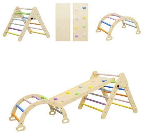 BenaRita Toddler Climbing Frame Indoor 3 in 1 Rainbow Wooden Climbing Frame Foldable Triangle Climbing Ladder with Sliding Ramp and Arch Montessori Climbing Toy Play Gym for Kids