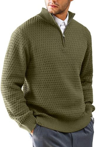 HYPESTFIT Mens Quarter Zip Sweater Mock Neck Knitted Pullover Long Sleeve Jumper Casual Top Army Green L
