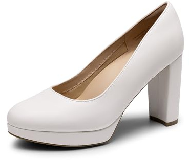 DREAM PAIRS Escarpins Femme Talon Haut Bout Rond Fermé Chaussures Confortables à Plateforme pour Travail et Tenue Habillée,Size 41.5,Blanc-PU,DWUMPU2505