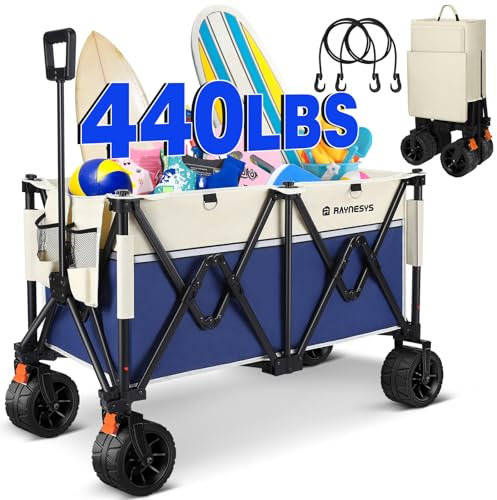 Vagón Plegable, Carro Plegable con Grandes Ruedas Todo Terreno, Carro de Playa Capacidad de 440 Libras Carro Transporte al Aire Libre para Jardín, Camping, Compras, Deporte, Beige + Azul