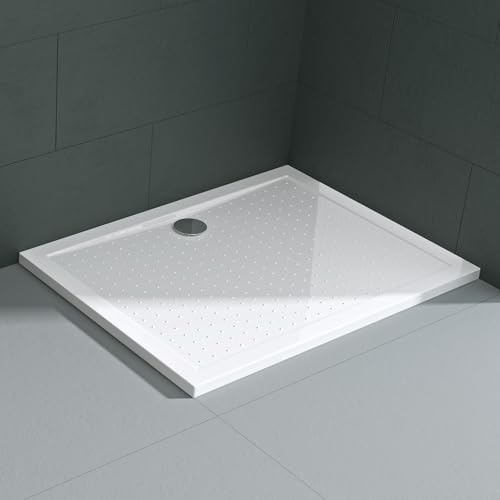 Mai & Mai Piatto Doccia Antiscivolo con Piletta 75x90x4cm, Piatto Doccia Rettangolare Lucia02AR in Acrilico incl. Piletta di Scarico (AL01), Bianco