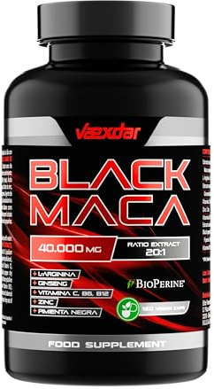 Maca Negra Andina 40.000mg - Extracto 20:1 - Maca Negra Peruana + L-Arginina + Ginseng + Zinc + Vitamina C, B6 y B12 - Alta Concentración - Potencia tu Energía y Vitalidad - 120 Cápsulas - Vaexdar