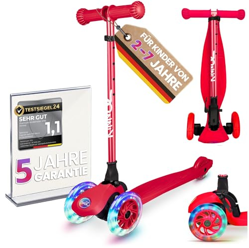 kinnaz ONE, über 100.000 Roller für Kinder 3 Jahre verkauft, Tretroller 2 bis 7 Jahre, Roller Kinder 4 Jahre, LED räder, faltbar, höhe einstellbar, tagkeeper, Hamburger Unternehmen, Rot