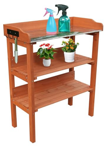 Pflanztisch aus Holz mit 3 Ablagen, Gartentisch mit Metallablage und Werkzeughaken, Orange