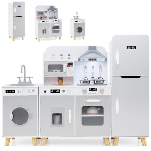 Kids Play Kitchen, Modular Pretend Wooden Kitchen with Range Wood, Ice Maker, Washing Machine, Refrigerator, Lights, Sound, Microwave, Utensils and Sink, Children Role Play Toy Kitchen for 3+