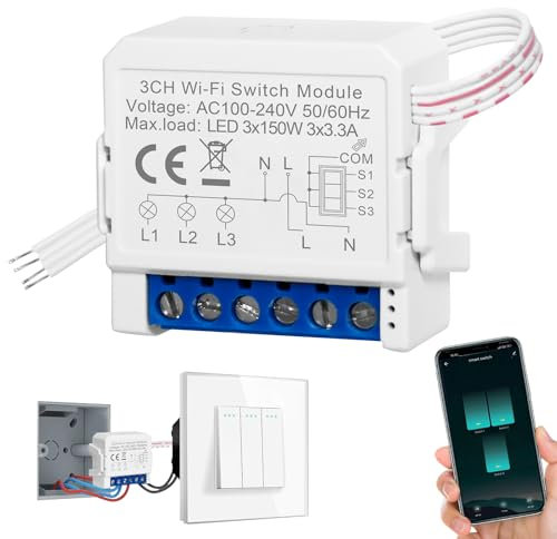 SOARFLY Interruttore WiFi 3 Vie (3P), Interruttore Smart Wifi 2.4GHz, Interruttores Alexa Luci SmartHome, DIY Mini Smart Switch Con SmartLife Tuya APP, Interruttores Alexa Con Vocale/Timer