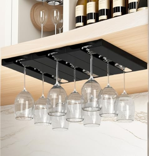 Vyqrx 2pcs Wine Glass Rack, Self-Adhesive Stemware Holder Under Cabinet, Hanging Wine Glass Shelf Organizer for Kitchen and Bar (BLACK)