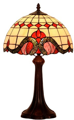 Dualbao Lámpara De Mesa Mediterránea Barroca Beige, con Vidrio Templado En Crema, Rojo, Azul Y Púrpura, Luz De Escritorio Clásica De Minimalismo para Leer Y Decoración del Salón,Rojo,12‘’