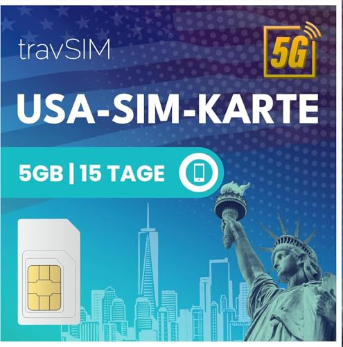 SIM Karte USA travSIM | 5GB Mobile Daten mit 4G/5G Geschwindigkeiten für die USA – Voller Zugang zu Google, Facebook, Whatsapp & Mehr | SIM USA plan mit 15 Tagen Gültigkeit