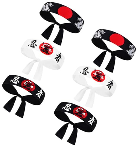 LRXIYODE Lot de 6 Bandeaux Ninja Hachimaki Japonerie en Coton Léger Ceintures Ninja Noires et Blanches Motif Dragon Accessoires Polyvalents pour Karaté la Cuisine et Fête Sushi