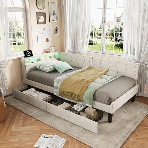 BPKADHY Polsterbett Schlafsofa 90x200 mit LED & USB-C, Jugendbett 90x200 mit Stauraum 2 Schubladen,Einzelbett Tagesbett Bettgestell mit Lattenrost, Samt Beige, Ohne Matratze (Beige-B, 90x200cm)