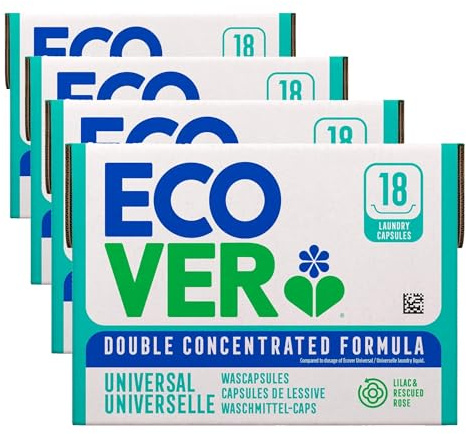 Ecover Lessive Capsules Universelle, Lessive liquide en Capsule, Combat les Tâches dès 20 degrés, Parfum Lilas & Rose, 18 Lavages (Lot de 4)