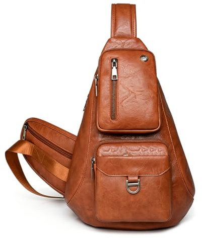 Unisex PU läder sling väska, Multi-ficka anti-stöld Crossbody bröstväska för daglig resa pendla,Brown