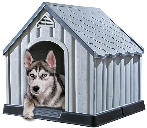 Mokuyary Hundkoja grå 92 x 87 x 91 cm plast hundkoja utomhus, stor koja för hund, vinterfest, hundhus för inomhus och utomhus