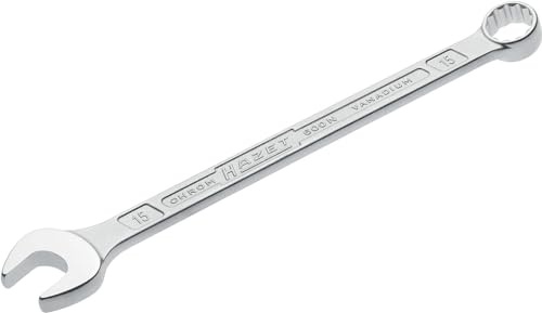 HAZET: Ring-Maulschlüssel 600N-15 verchromt I Ringschlüsselkopf 15 Grad abgewinkelt - Abtrieb: Außen Doppel-Sechskant, Schlüsselweite: 15 mm, Schaft mit extra stabilem HAZET Doppel-T-Profil