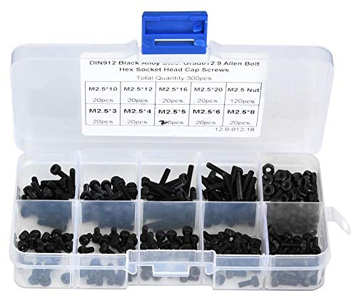 Vite esagonale esagonale 300 pezzi, viti a testa esagonale M2,5 x 3-20 mm, bullone a testa esagonale in acciaio legato nero di qualità 12,9 con dado