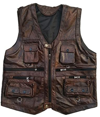 Gilet In Pelle Uomini Marrone Gilet Maschio Senza Maniche Giacca Spessa Moto Gilet Multi Tasca Cerniera, Marrone, XXXL