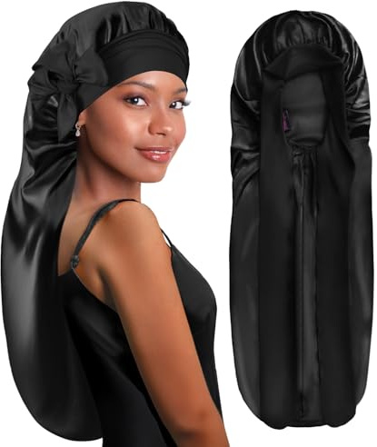 BONNET QUEEN Bonnet Satin Cheveux Longs Nuit Extra Long Bonnet Nuit Anti-Glisse avec Long Bandeau Réglable, Protection Anti-Frisottis pour Cheveux Très Longs, Tresses, Locks & Extensions,Noir