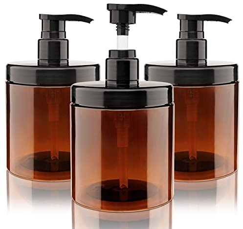 Hethyo Pump Bottle Dispenser - 3 Pieces 500ml Refillable Plastic Pump Bottles Wide Mouth Jar Style BPA Free Empty Pump Bottles Bathroom Shower Containers for Lotion Shampoo Conditioner (Brown